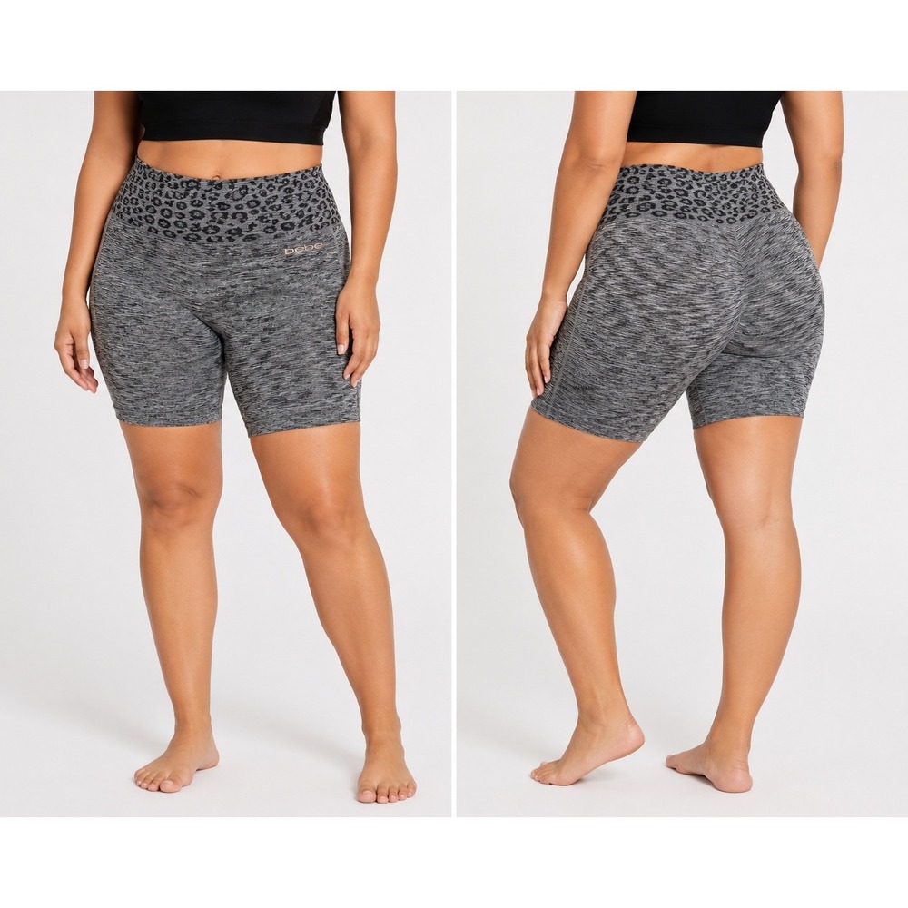 Bebe Sport Womens 2X Biker Shorts Grey Space Dye Leopard Print High Rise Gym